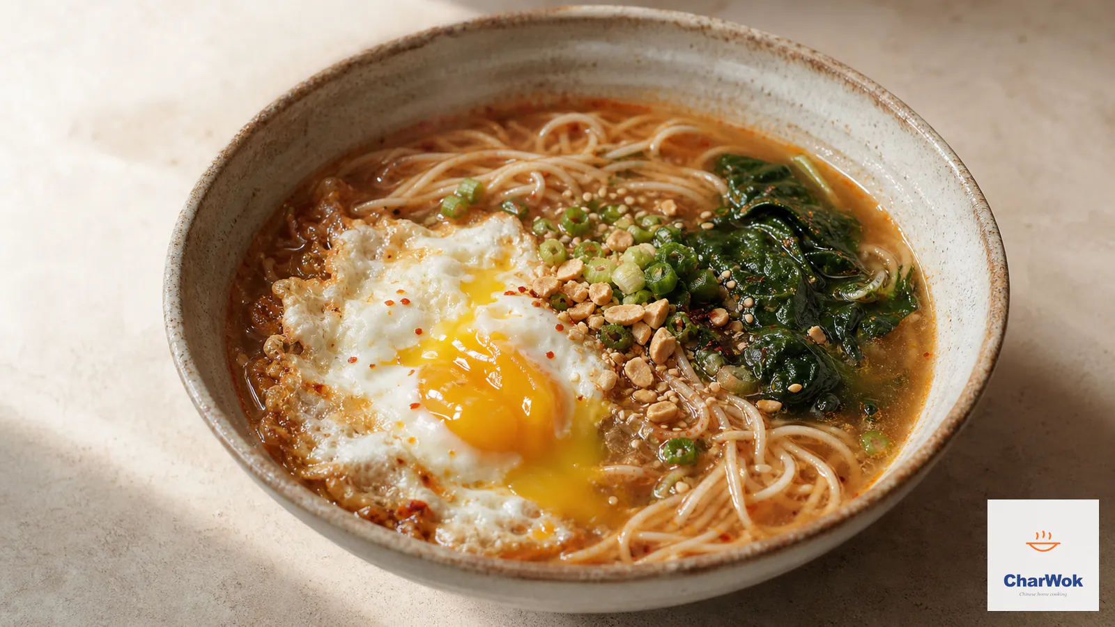 A bowl of hot and sour wheat noodle soup in cloudy reddish-brown broth with leafy greens, one lacy runny-yolk fried egg, scallion, crushed roasted peanuts, sesame, and chili flakes