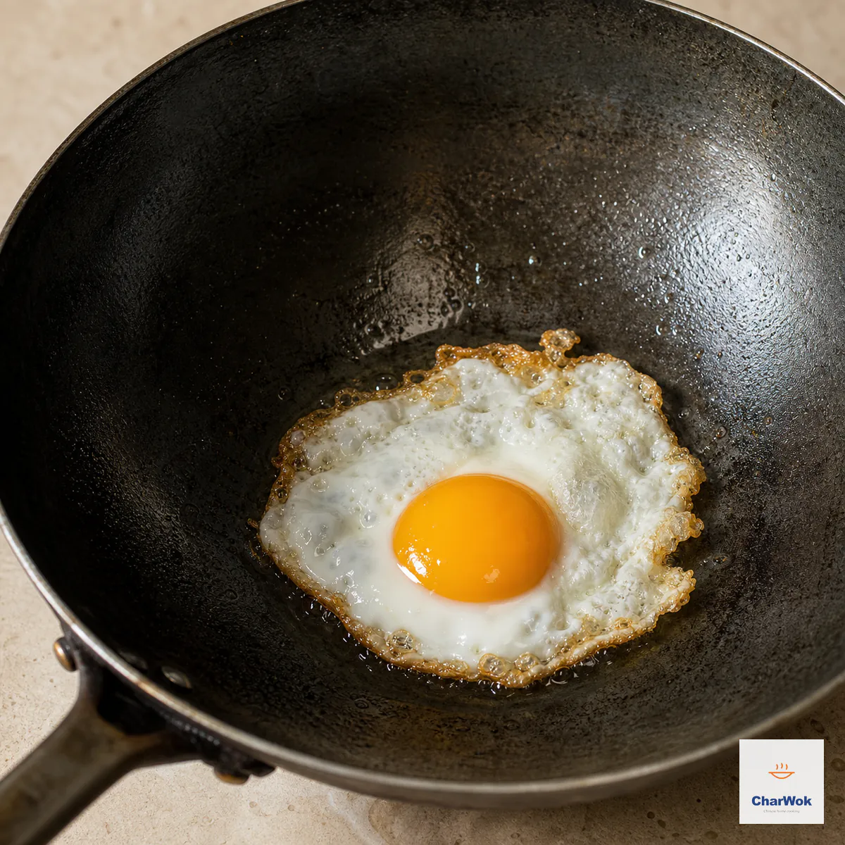 One egg fries in a thin film of reserved oil with a fully set white, lacy crisp golden edges, and a glossy runny yolk