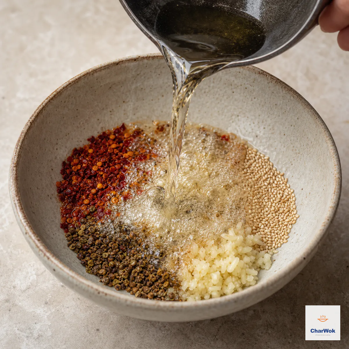 Clear shimmering neutral oil pours over chili flakes, ground Sichuan pepper, sesame, and garlic with vigorous bubbles while the aromatics remain unburned and no smoke is present