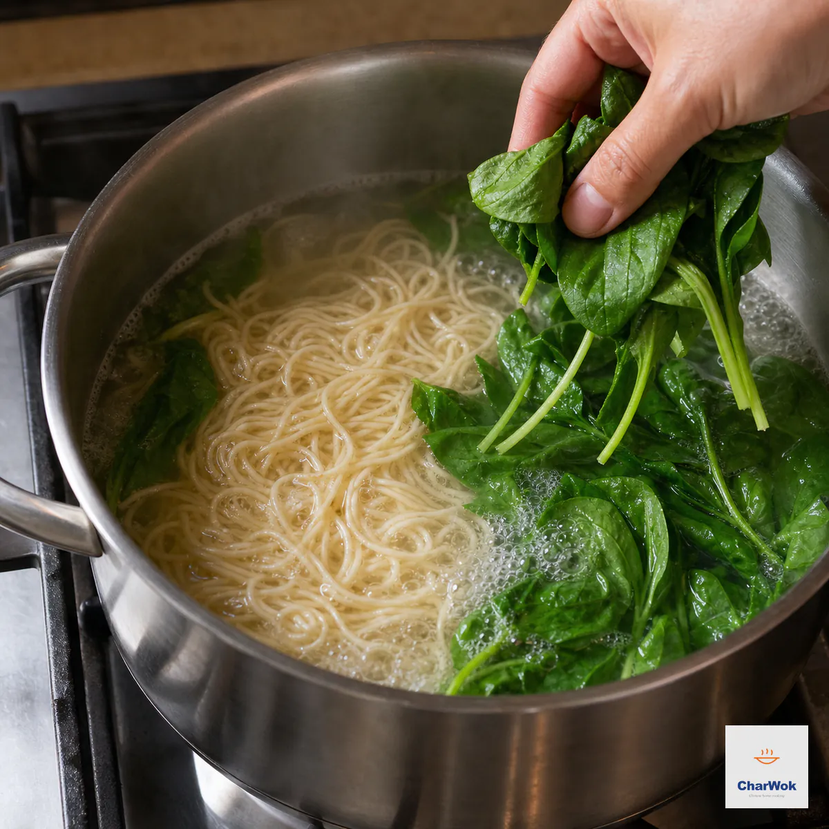 Thin wheat noodles simmer in clear water while fresh leafy greens are added for the final brief blanch, with the strands still distinct and springy