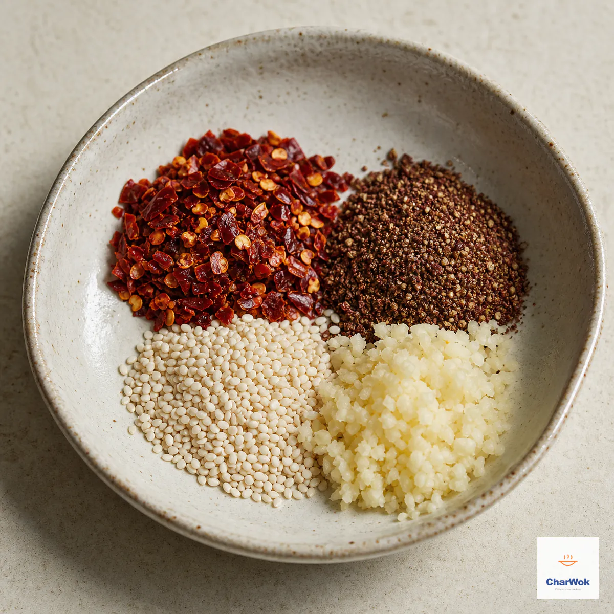 Four separate piles of chili flakes, ground Sichuan pepper, toasted white sesame, and minced garlic sit dry in a serving bowl before any oil or liquid is added