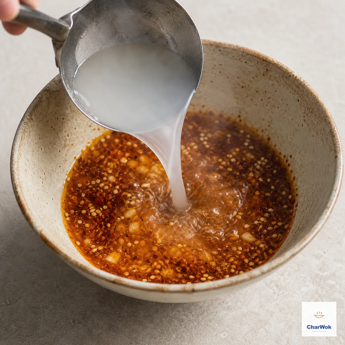 Cloudy starchy noodle water is ladled into the seasoned bowl and turns the chili, vinegar, soy, sesame, and garlic into an emulsified red-orange broth