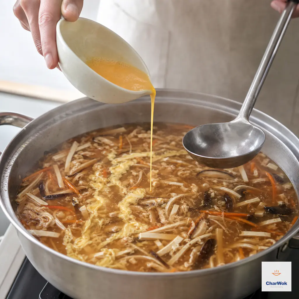 Beaten egg pours in one thin circular stream into lightly thickened hot and sour soup while delicate golden ribbons form around tofu and vegetable strips and the ladle waits above the pot