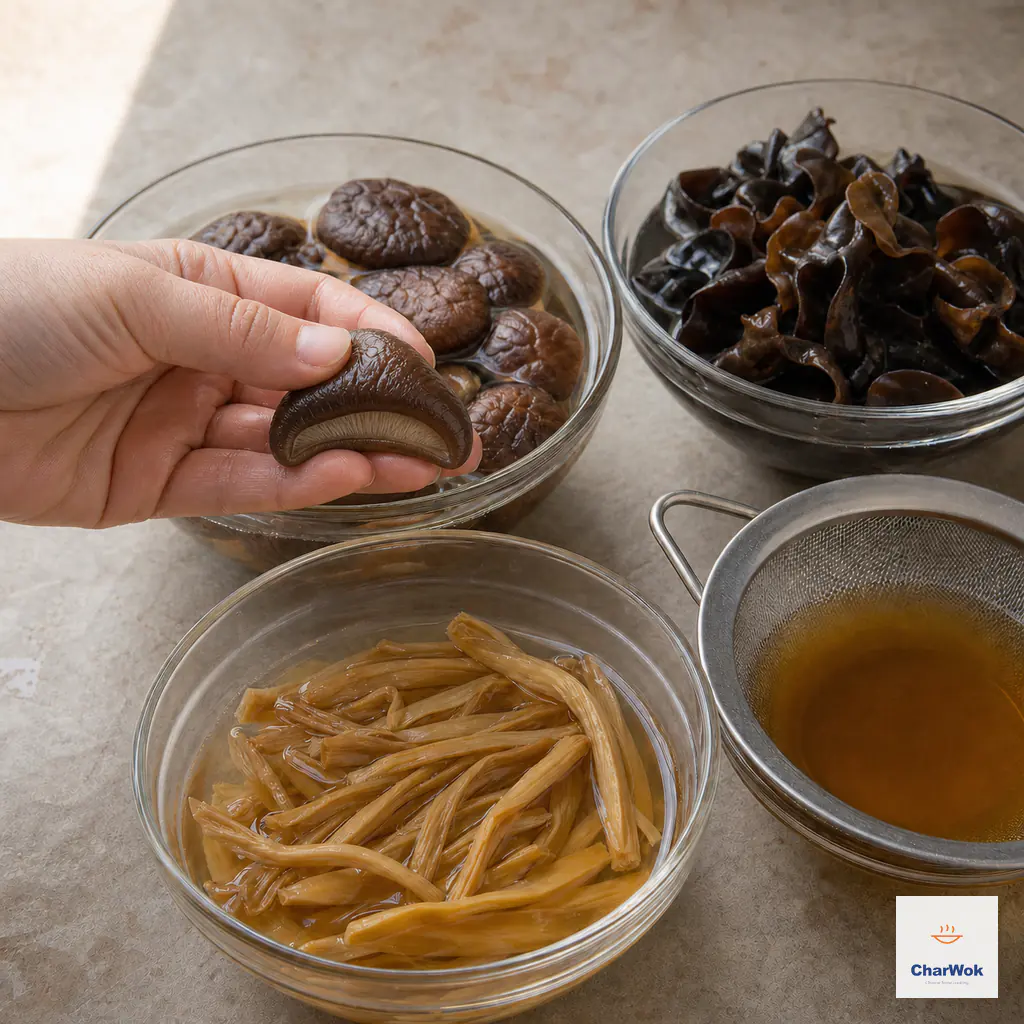 A clean hand gently flexes one intact fully rehydrated shiitake cap beside separate bowls of expanded wood ear and softened long lily buds, with clear amber mushroom liquid in a fine strainer
