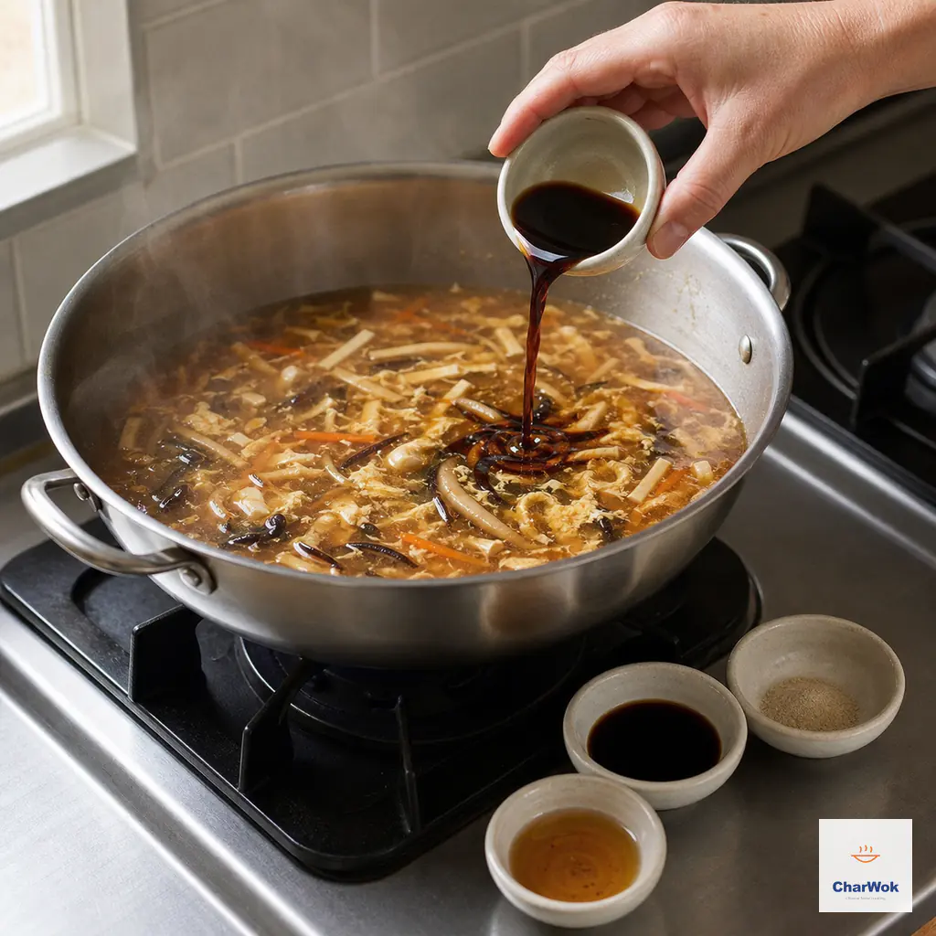 A hand pours dark Chinese black rice vinegar into finished hot and sour soup over an unlit burner while separate bowls of soy sauce, white pepper, and sesame oil wait beside the pot