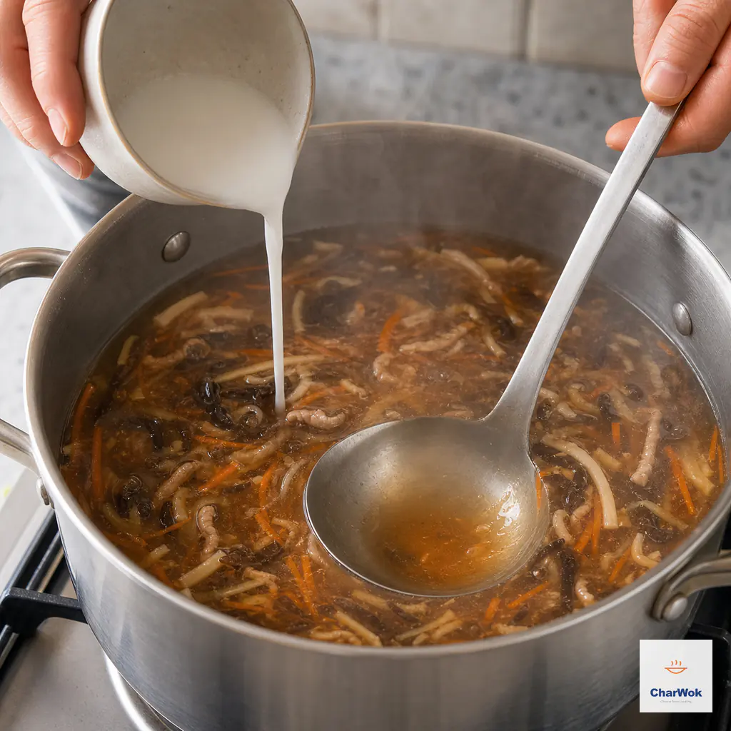 A narrow stream of smooth white cornstarch slurry enters gently simmering amber soup while a metal ladle stirs in one direction and the broth begins to look glossy