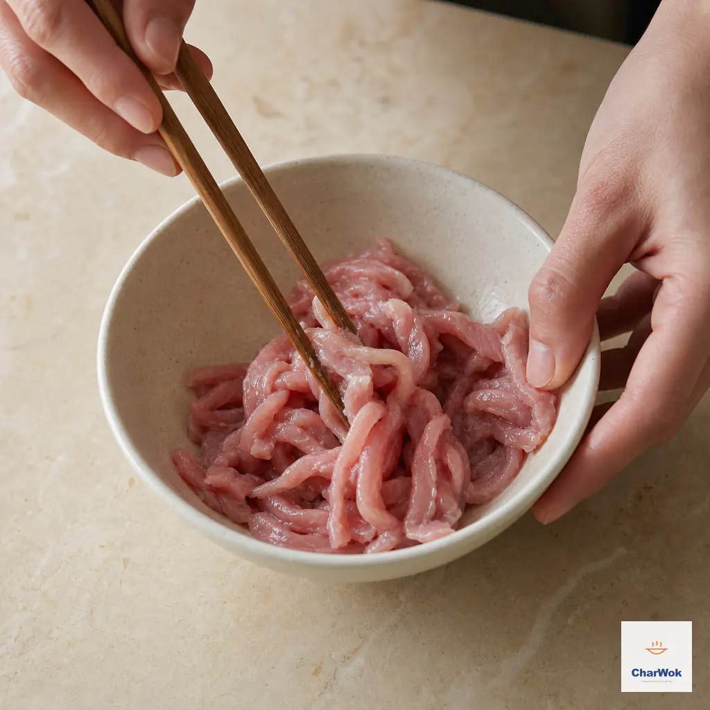 Two clean hands use wooden chopsticks to separate raw lean pork matchsticks coated with a nearly invisible glossy layer in a ceramic bowl
