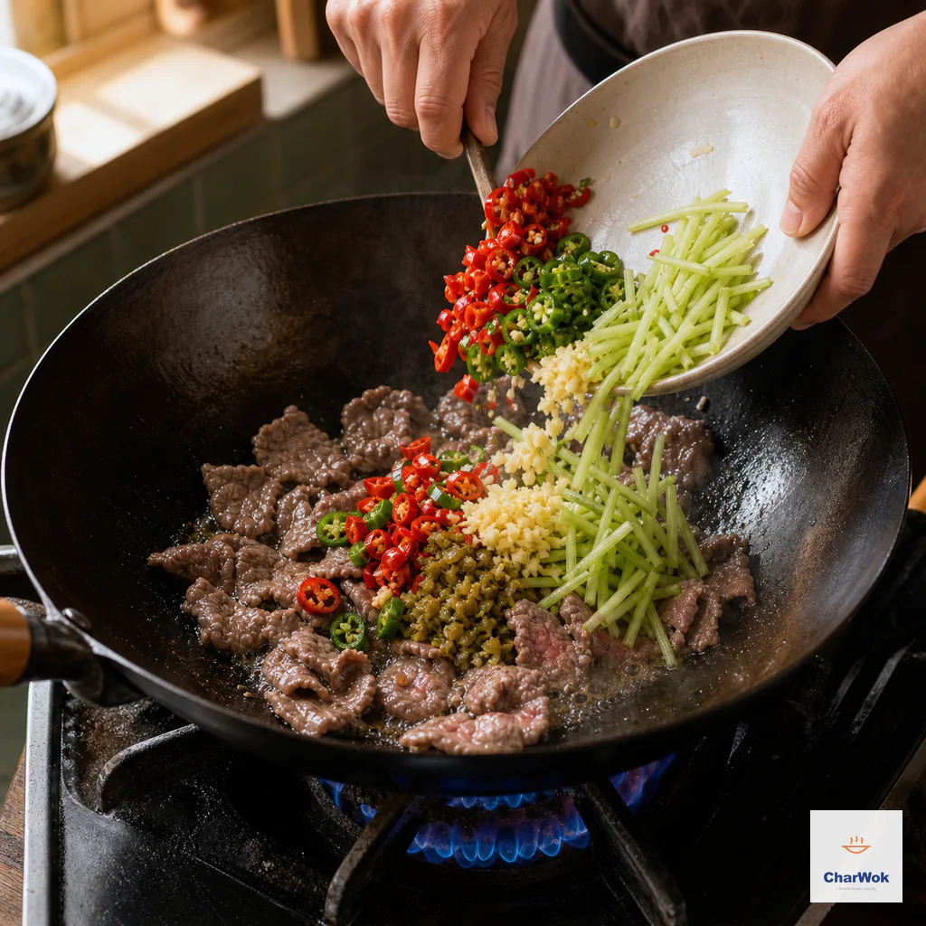 Fresh chili rings, chopped pickled chilies, celery julienne, garlic and ginger are tipped into beef just as its pink colour fades