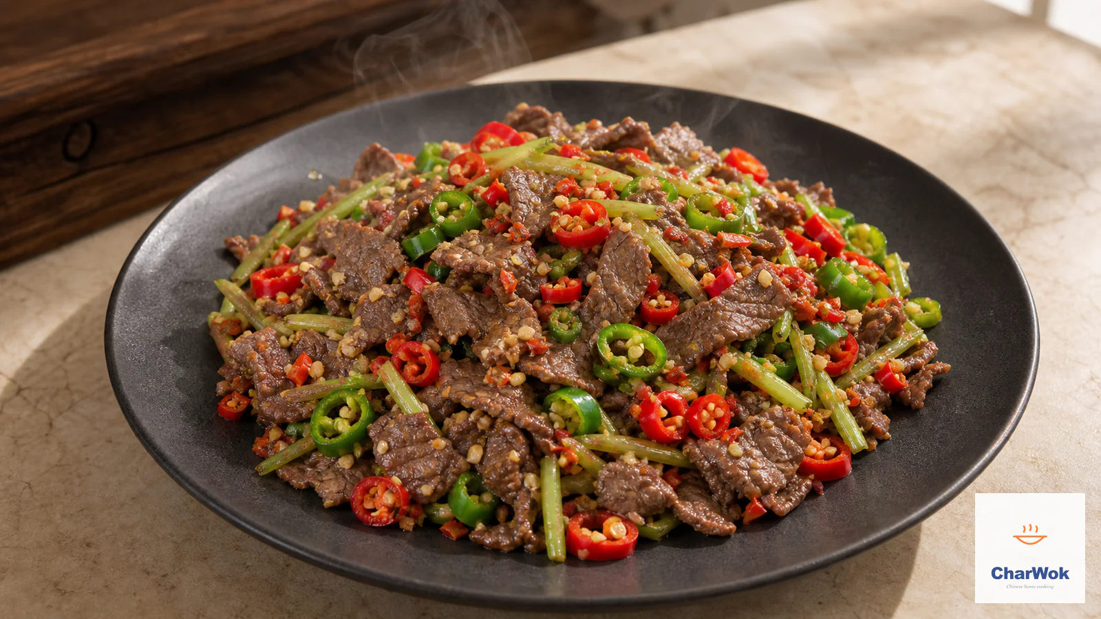 Dry-fragrant Hunan beef stir-fry with fresh and pickled chilies and crisp celery