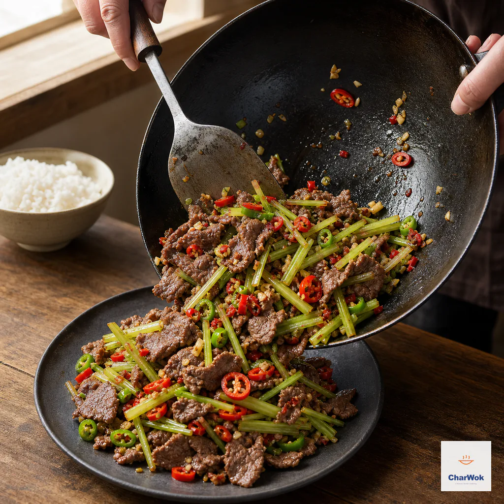 Dry Hunan beef stir-fry is tipped from the wok onto one dark plate beside a separate bowl of steamed rice