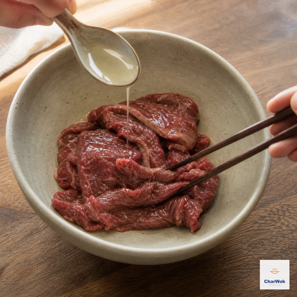 A thin stream of neutral oil coats marinated beef as chopsticks separate the slices in a ceramic bowl