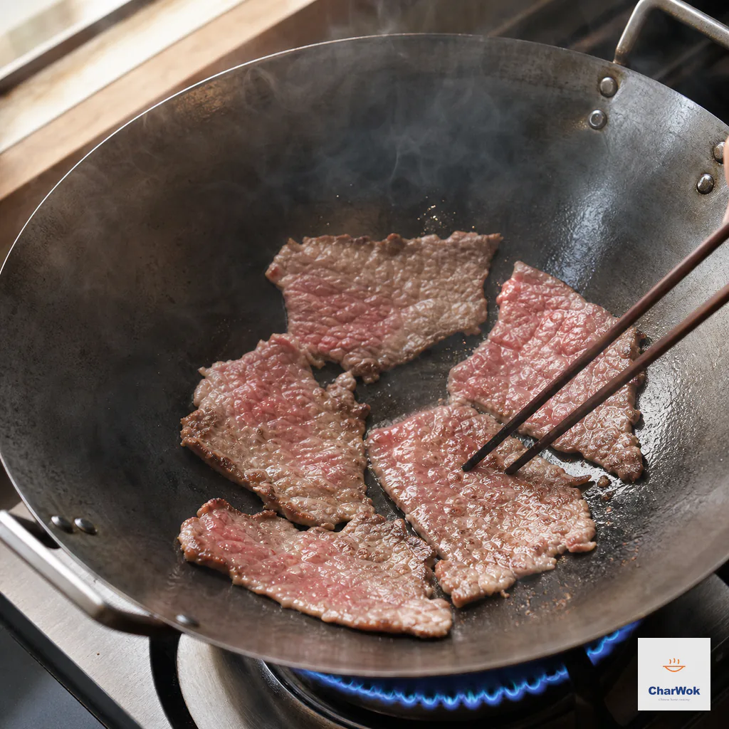 Thin beef slices sear in one uncrowded layer with browned contact sides and partly rosy upper surfaces as chopsticks separate two pieces