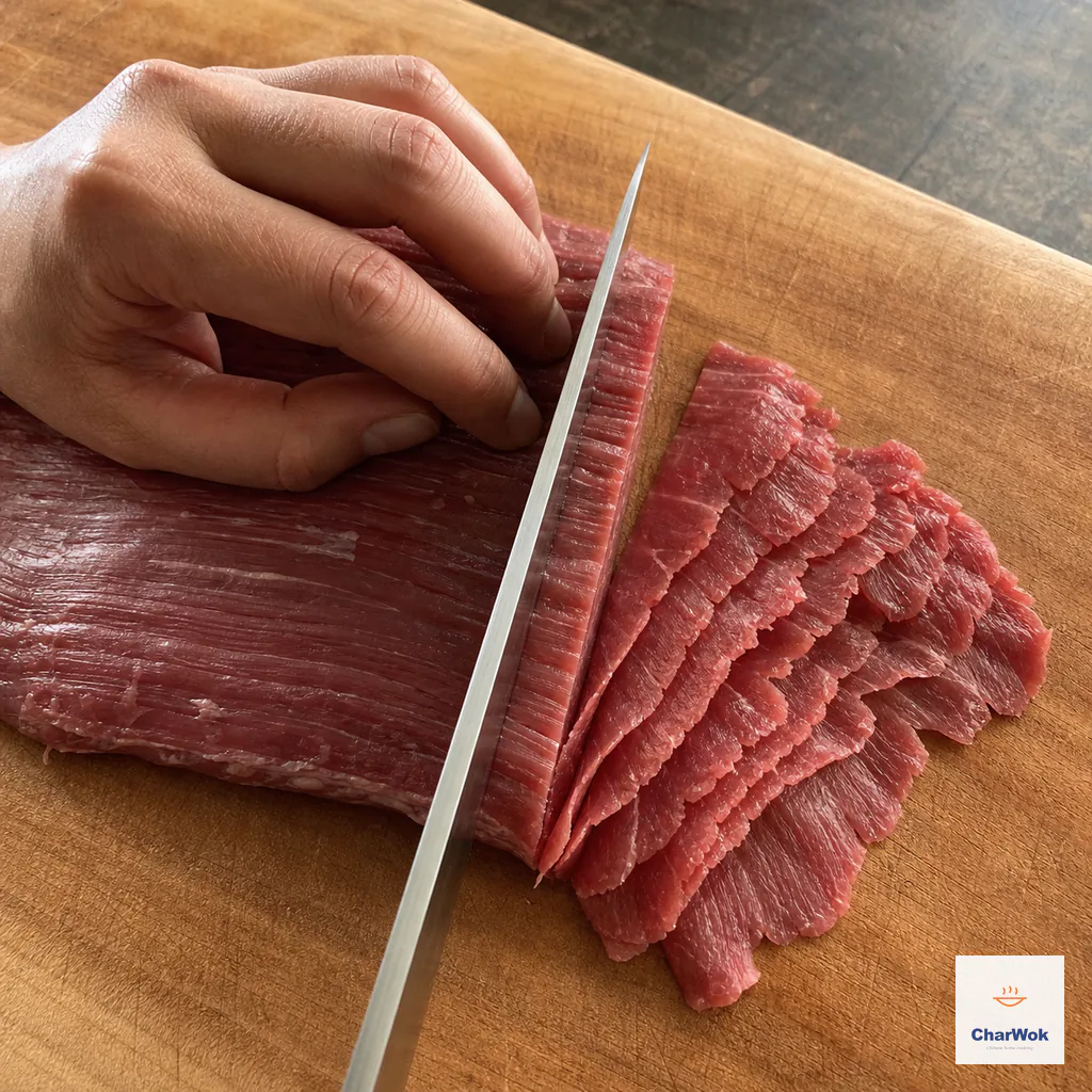 A knife cuts a just-firm flank steak perpendicular to its visible muscle fibres into very thin broad slices