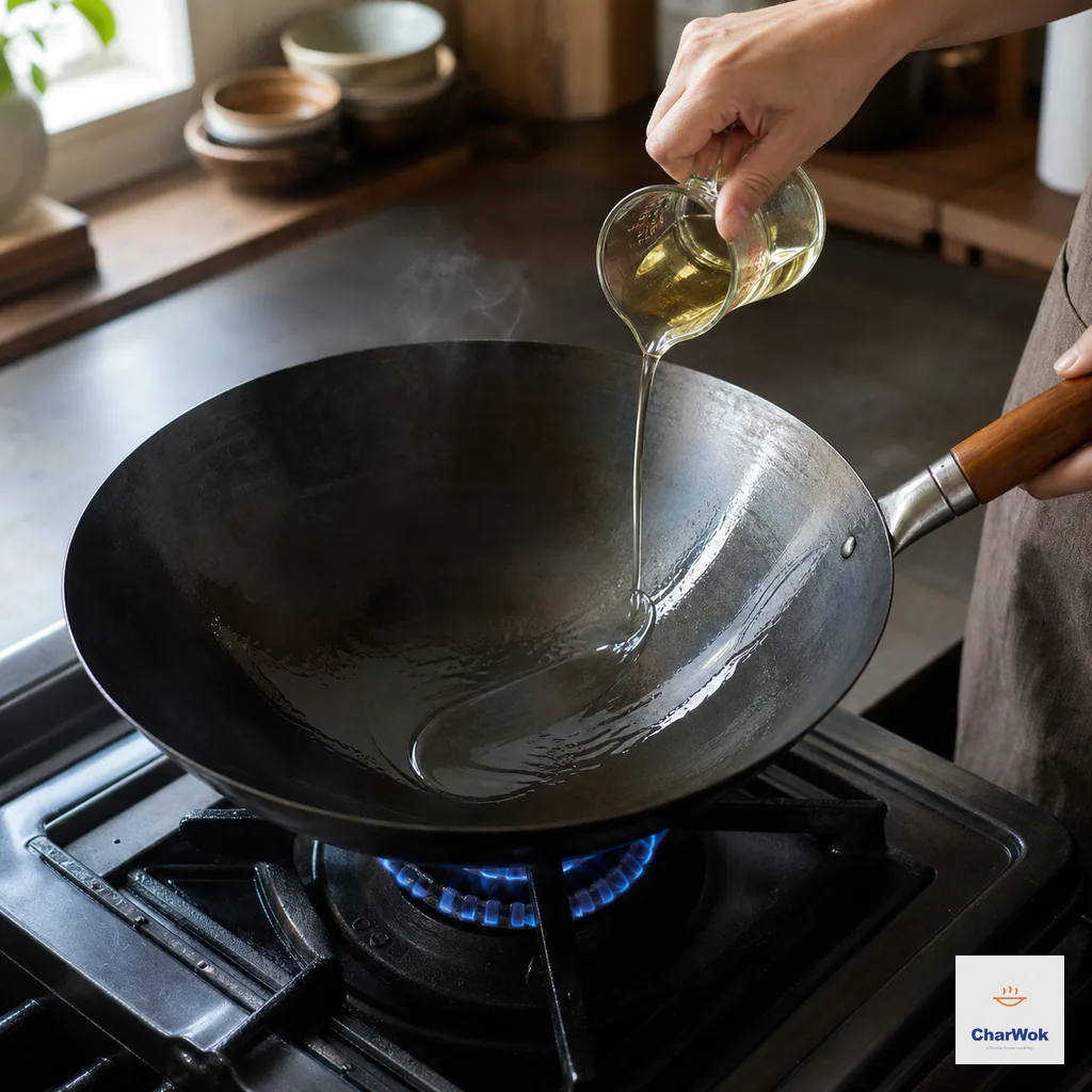 Neutral oil is swirled high around an empty carbon-steel wok that has just begun to smoke over a strong gas flame