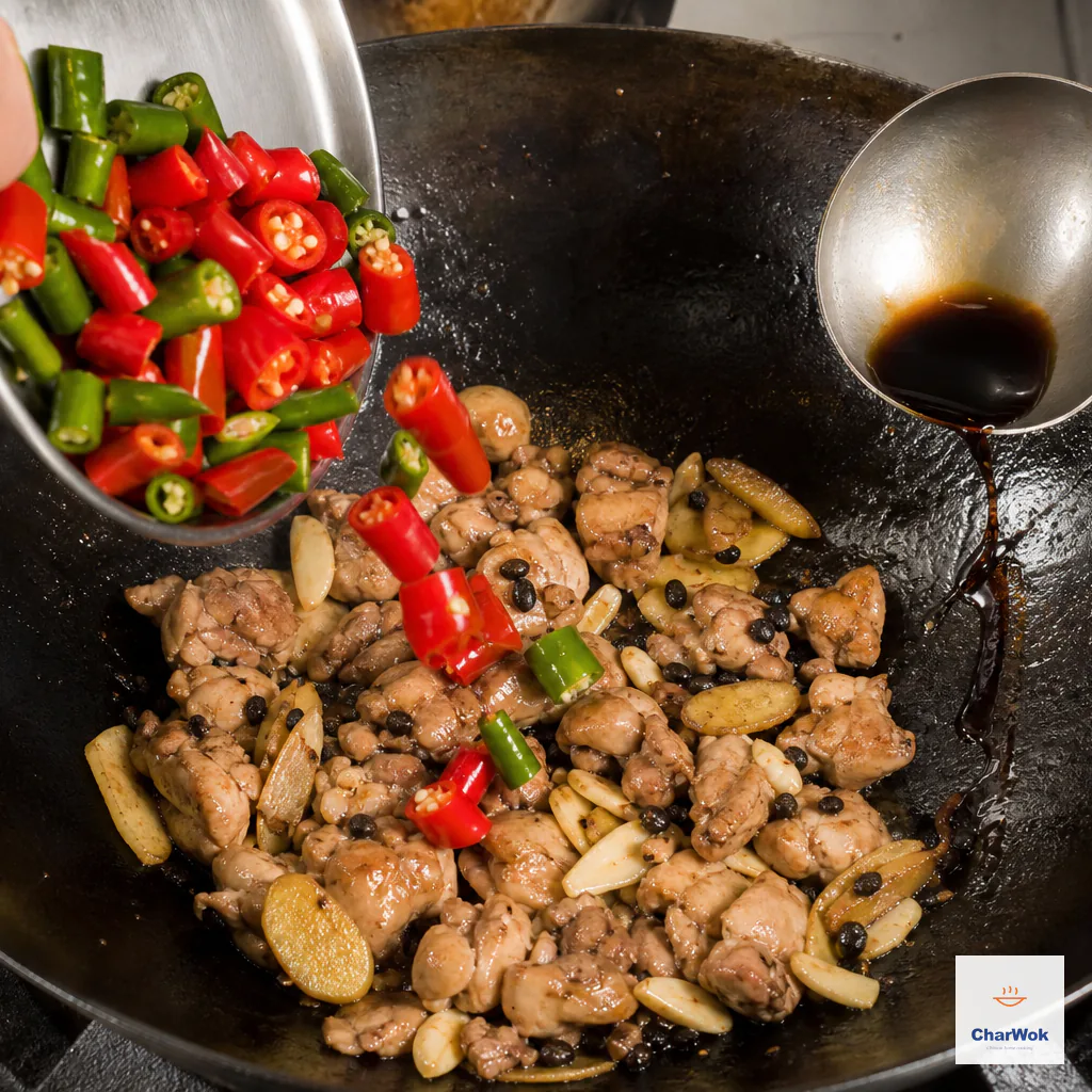Fresh red and green chili chunks fall into browned chicken as dark soy sauce is drizzled against the hot curved wok wall