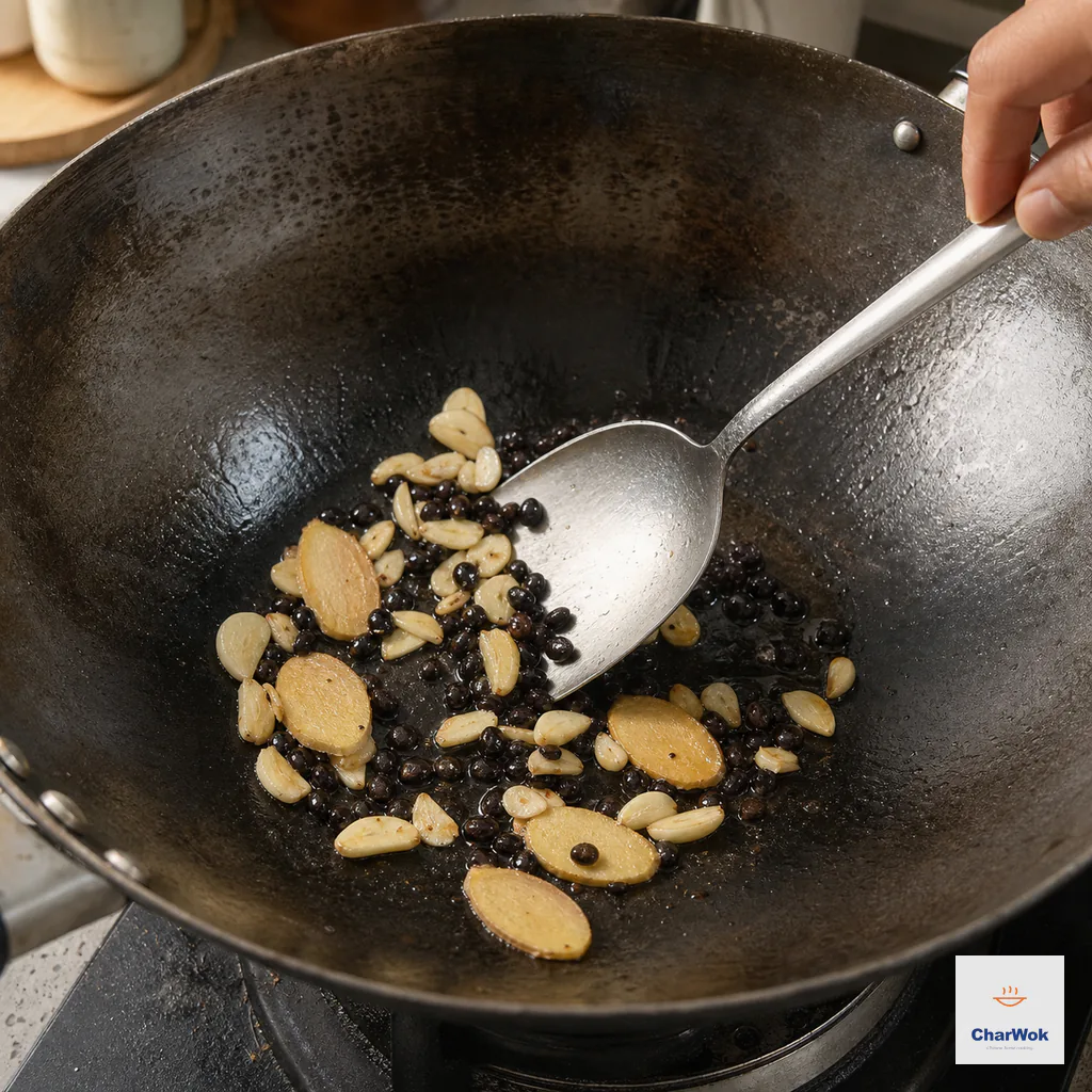 Ginger slices, sliced garlic and fermented black beans sizzle briefly in a thin sheen of oil without chicken or chilies