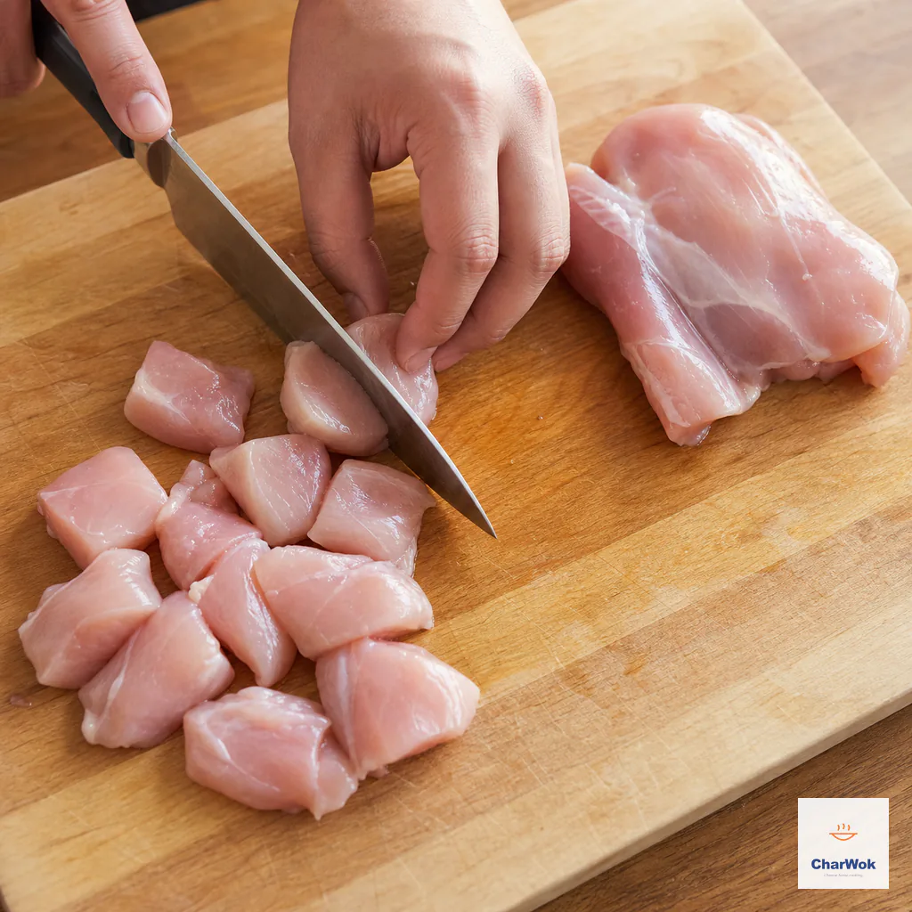 A boneless skinless chicken thigh is cut into even thumbnail-size pieces on a clean wooden board