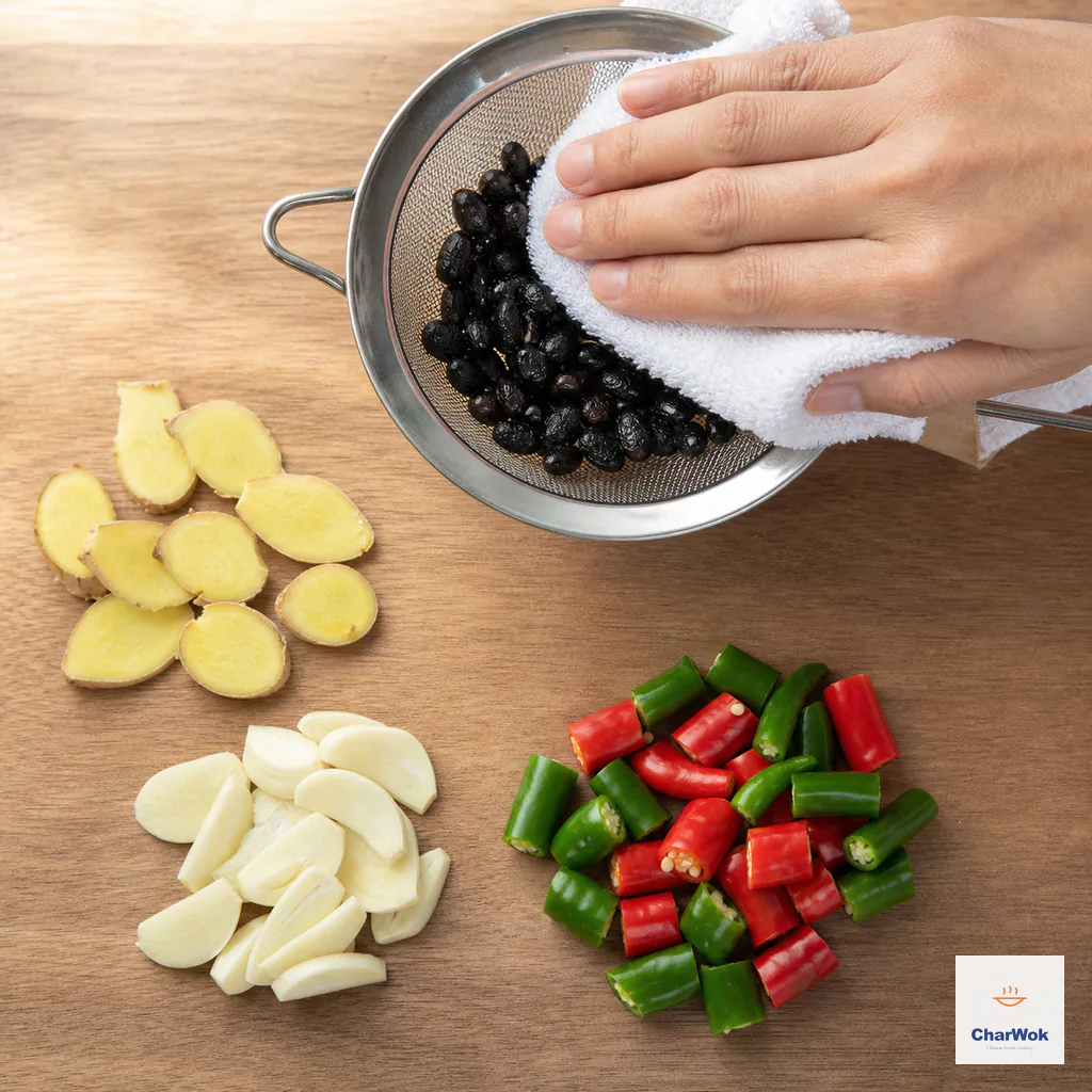 Rinsed fermented black beans are patted dry beside thin ginger slices, sliced garlic and chunky fresh red and green chilies