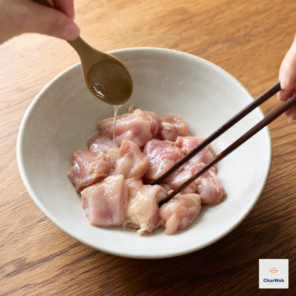 一股細食用油淋在上漿雞腿肉上,筷子正把肉塊撥開使其均勻裹油