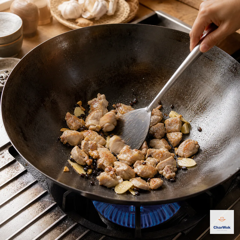 Chicken-thigh pieces sear in one uncrowded layer with golden contact sides among ginger, garlic and fermented black beans