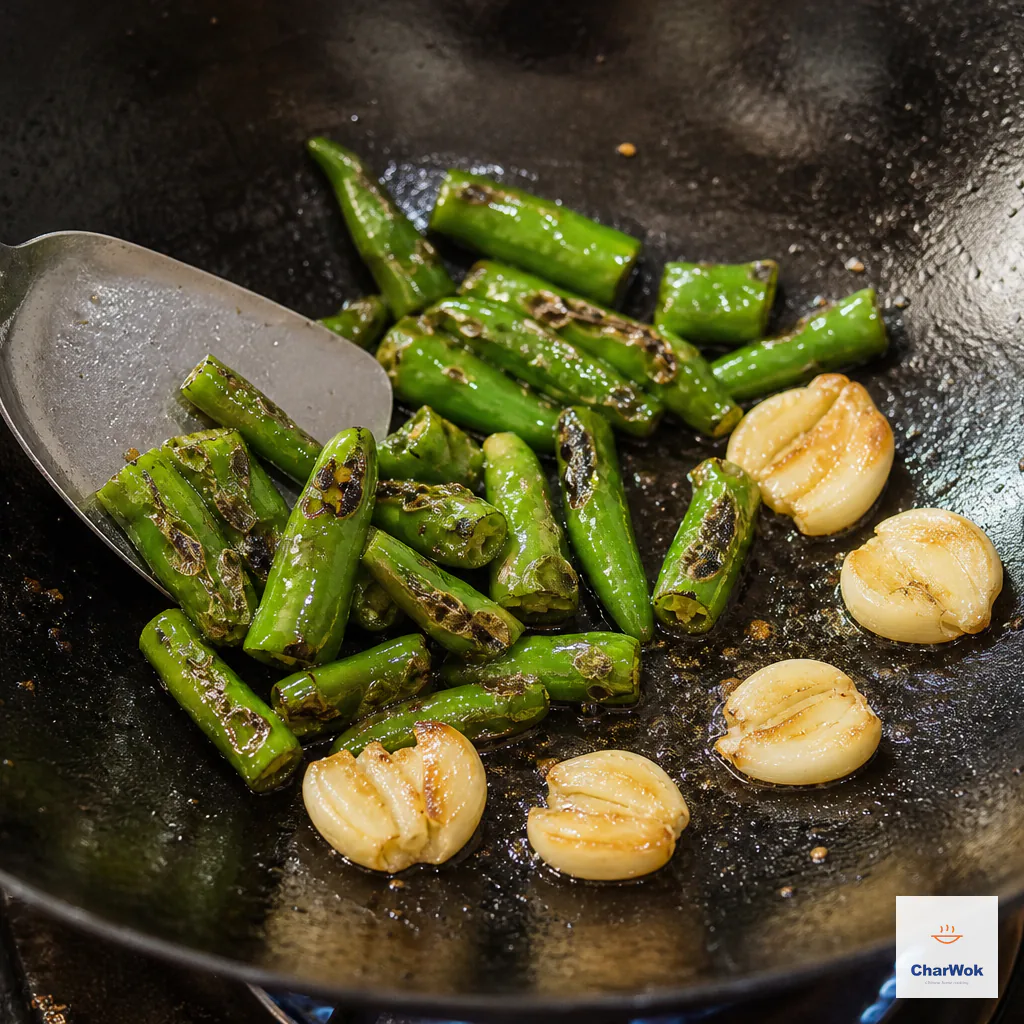 Green hot-chili chunks with dark blisters and exactly five smashed garlic cloves char in clear rendered pork fat