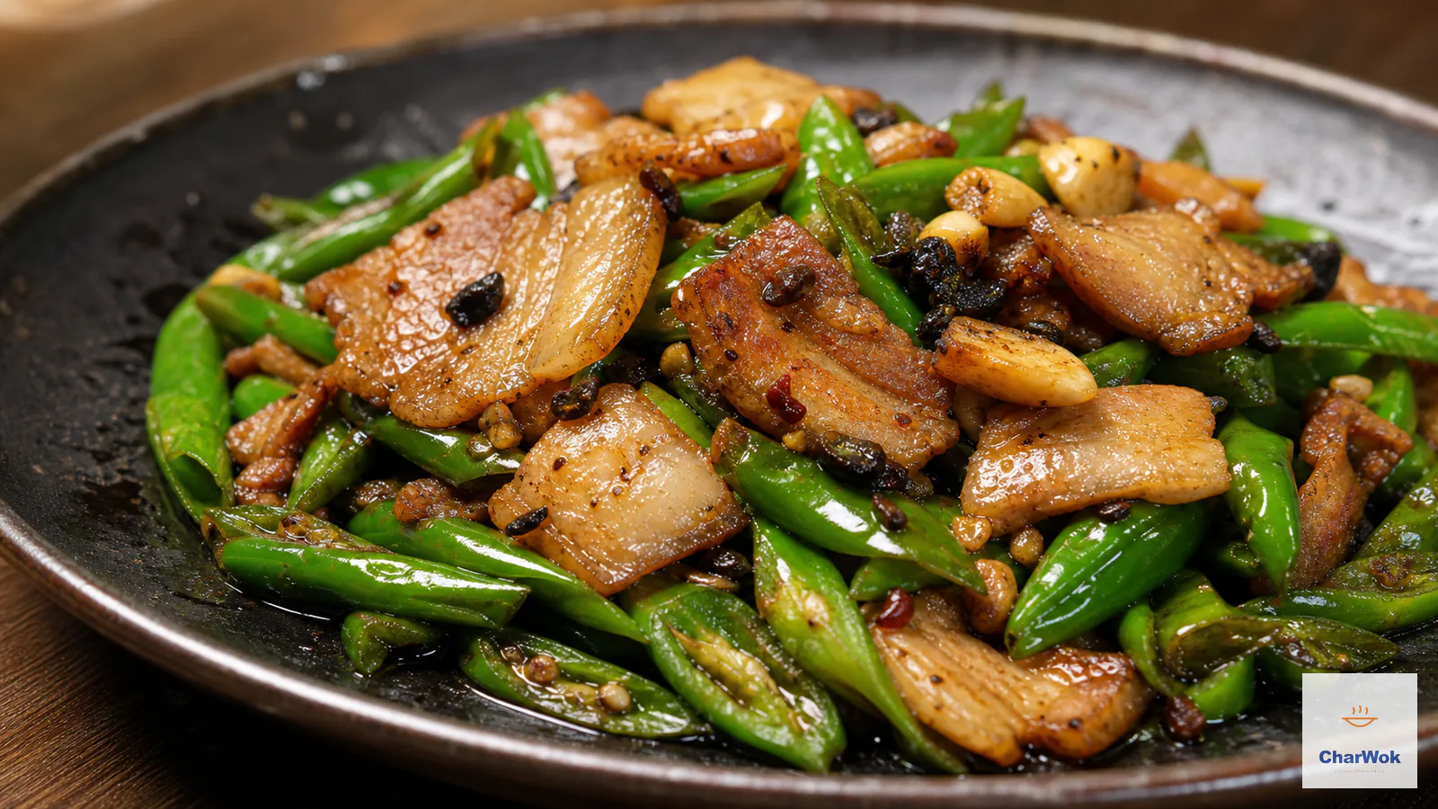 Dry-fragrant Hunan pork with thin pork belly, blistered green chilies and fermented black beans
