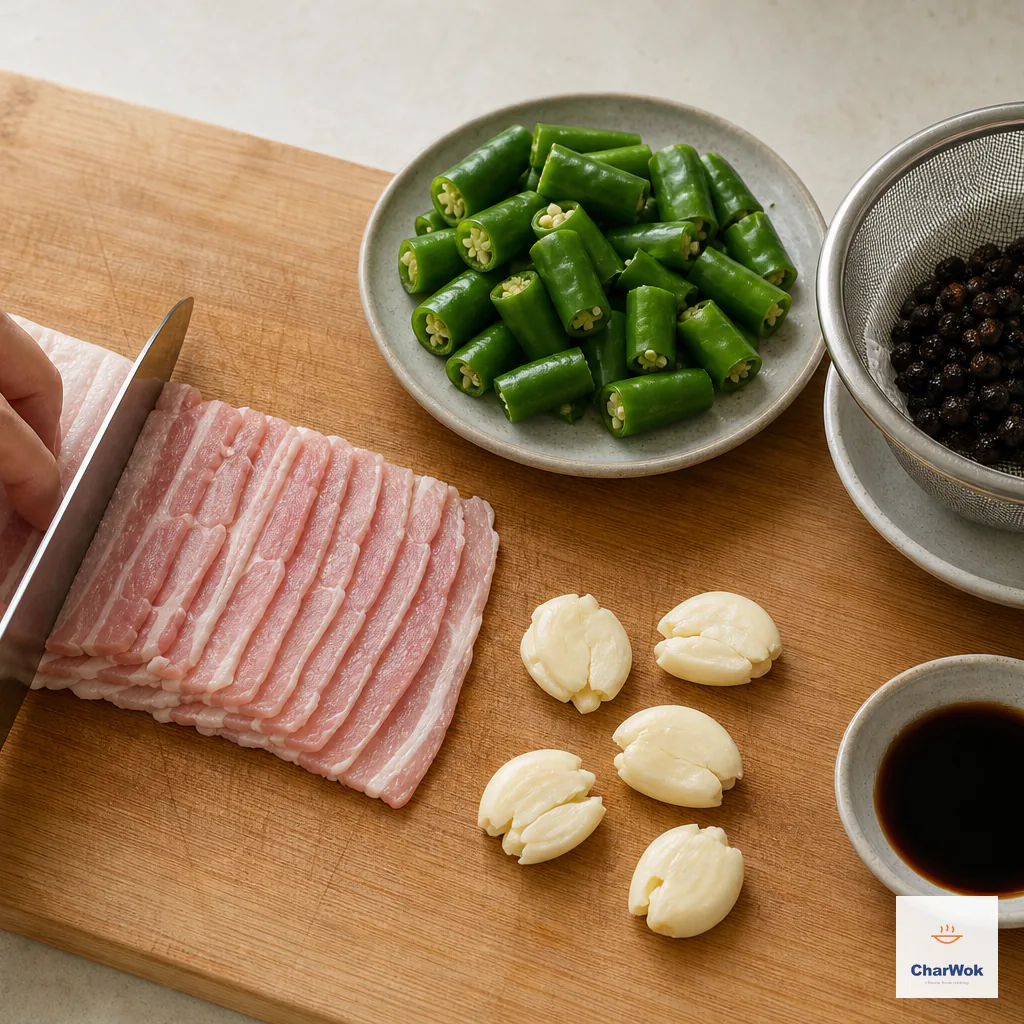 Skinless pork belly is sliced thin beside chunky green chilies, five smashed garlic cloves, drying black beans and measured soy sauces