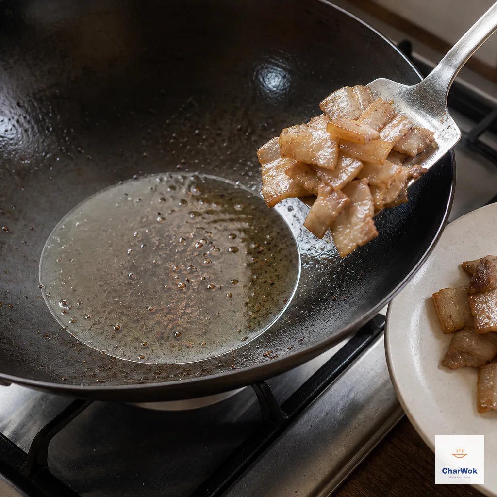 Golden pork-belly slices are lifted onto one plate while clear rendered pork fat and browned specks remain in the wok