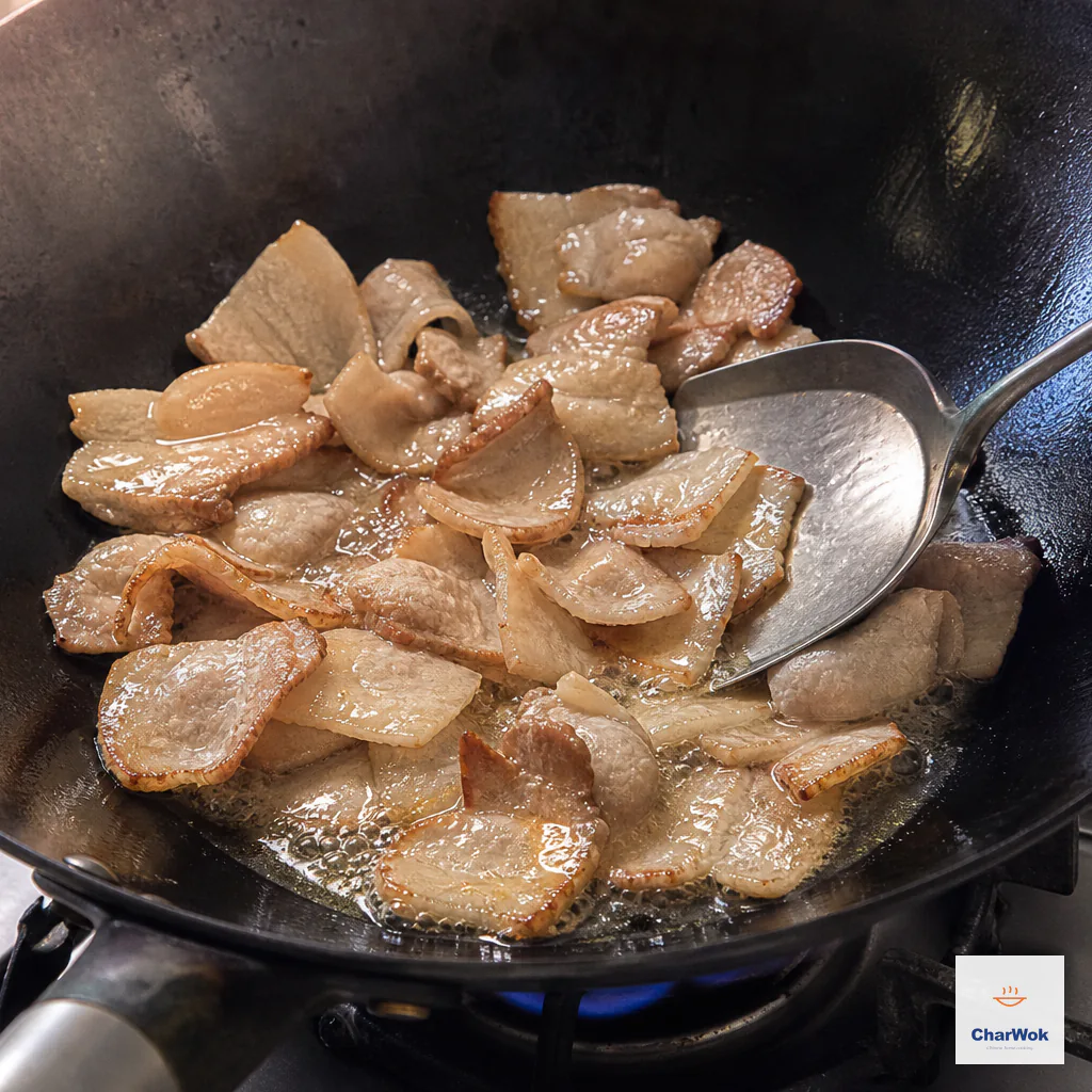 Thin pork-belly slices curl and brown while a shallow pool of clear rendered fat forms in the wok without cloudy water