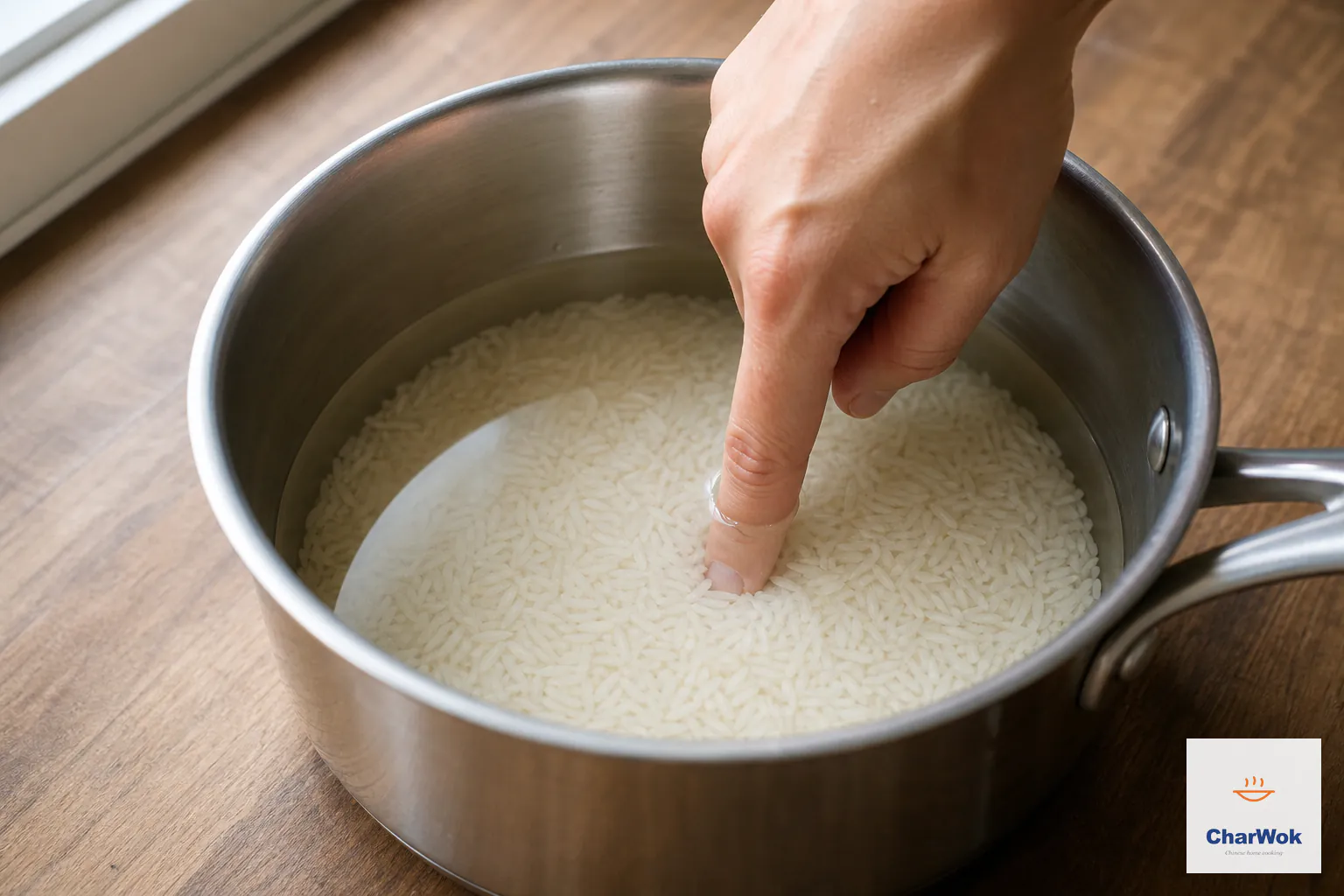 A fingertip touches the level surface of jasmine rice while cold water reaches the first knuckle