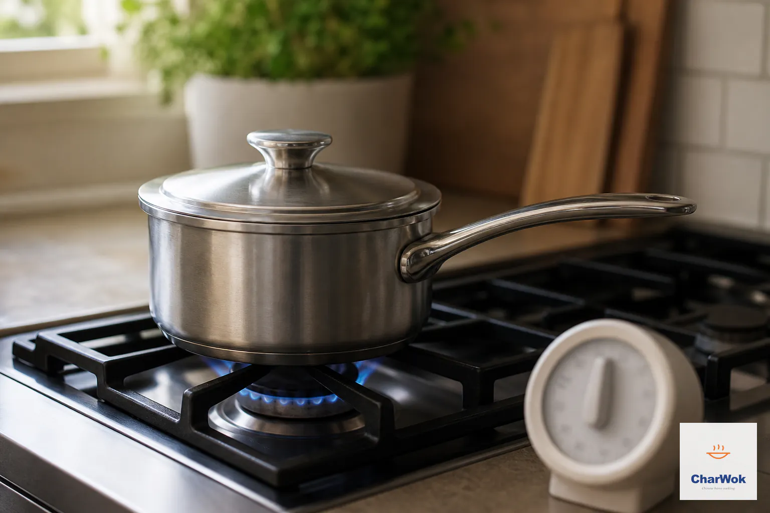 A heavy saucepan sits tightly covered over the smallest steady stove flame