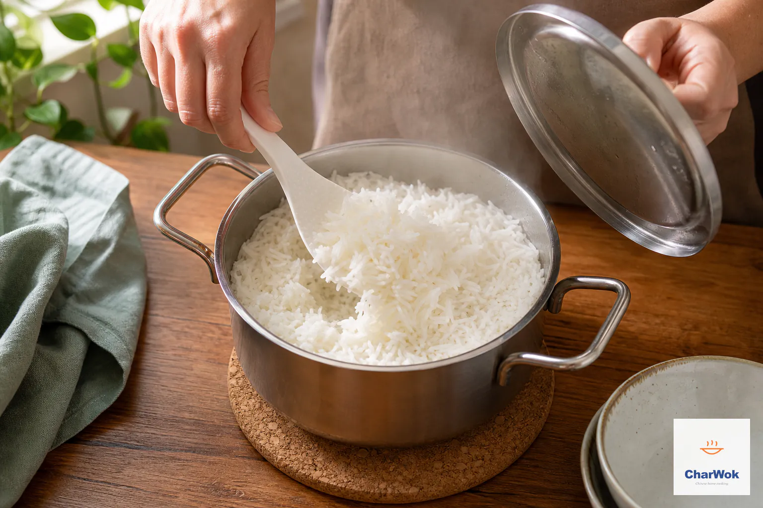 Rested jasmine rice is gently lifted and separated with a rice paddle after the lid is removed