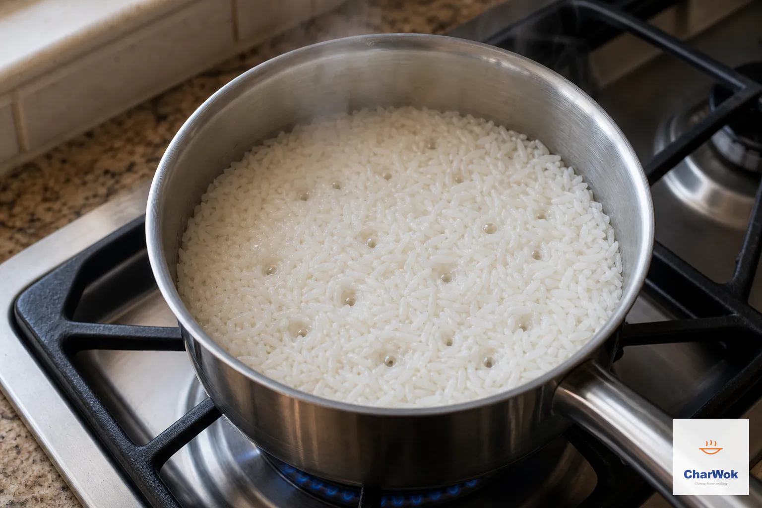 An uncovered saucepan shows water reduced level with the rice and small steam holes across the surface