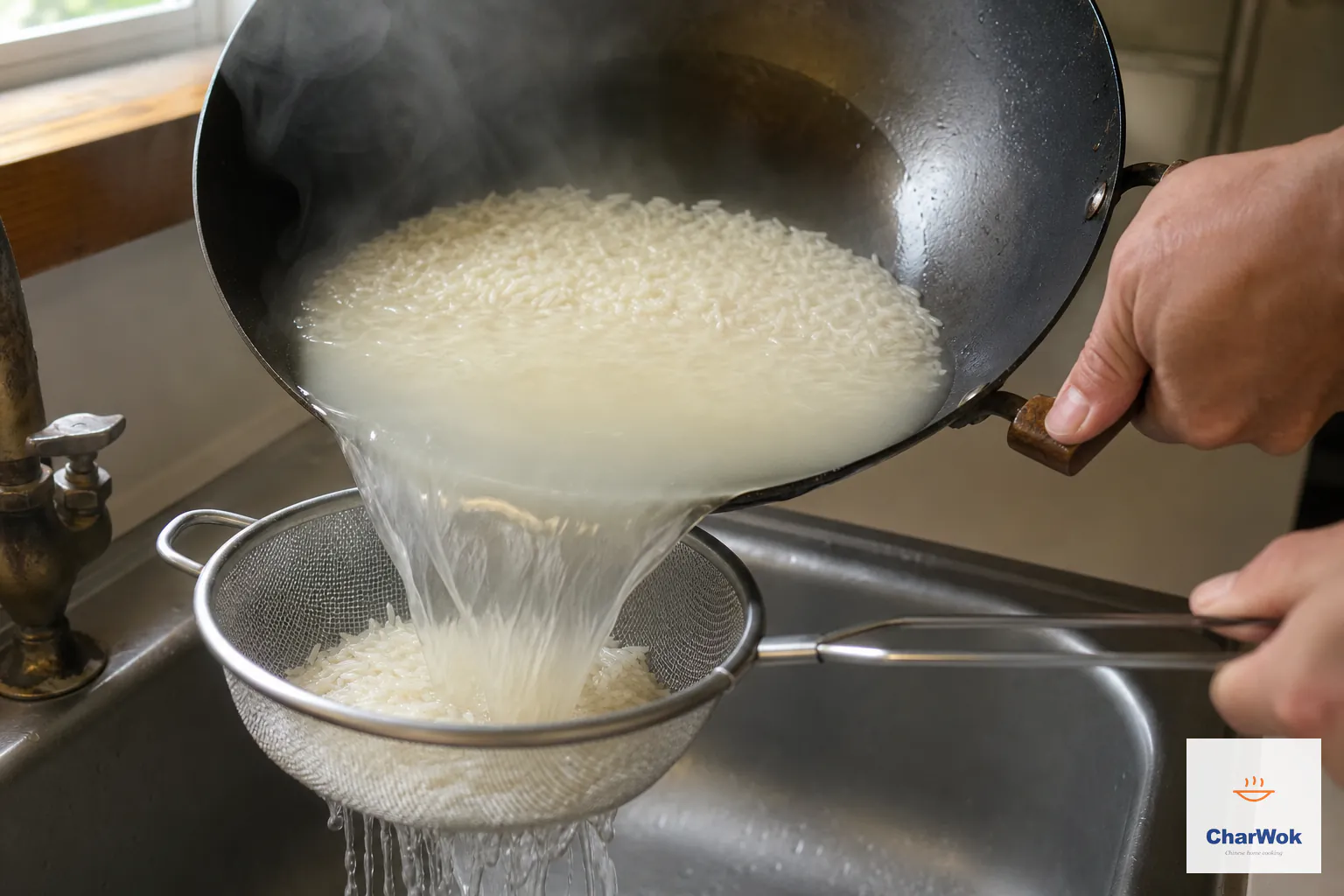 Parboiled jasmine rice drains thoroughly in a fine strainer beside a prepared bamboo steamer