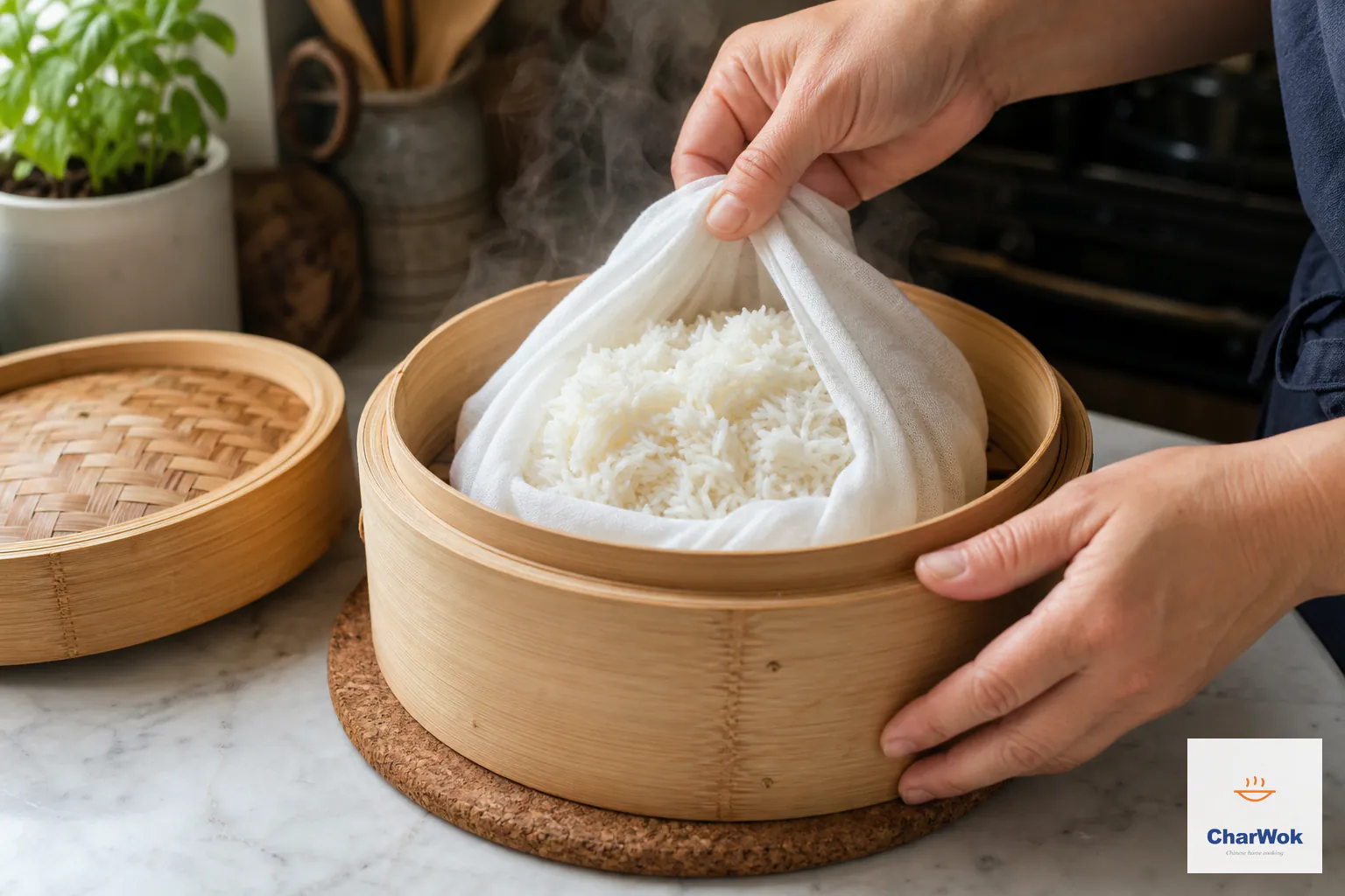 After resting, the wet cloth is lifted carefully to transfer a cohesive bed of fluffy jasmine rice