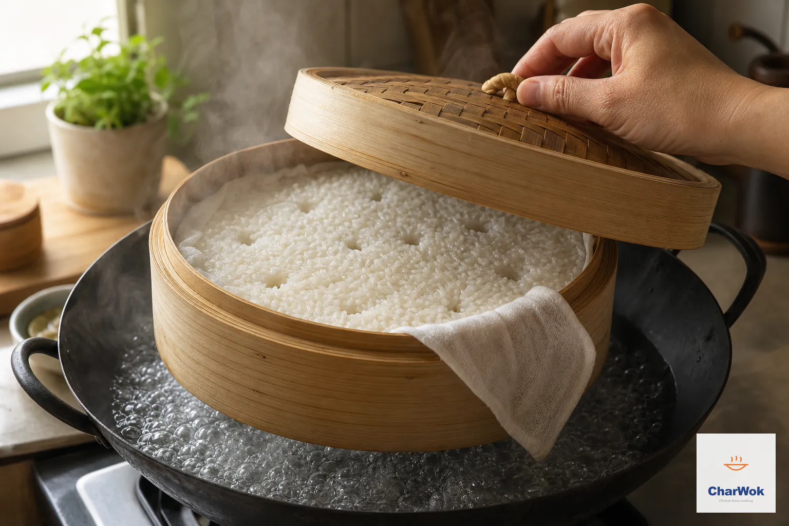 Drained rice is spread evenly on a wet cloth inside a bamboo steamer with steam holes poked through it