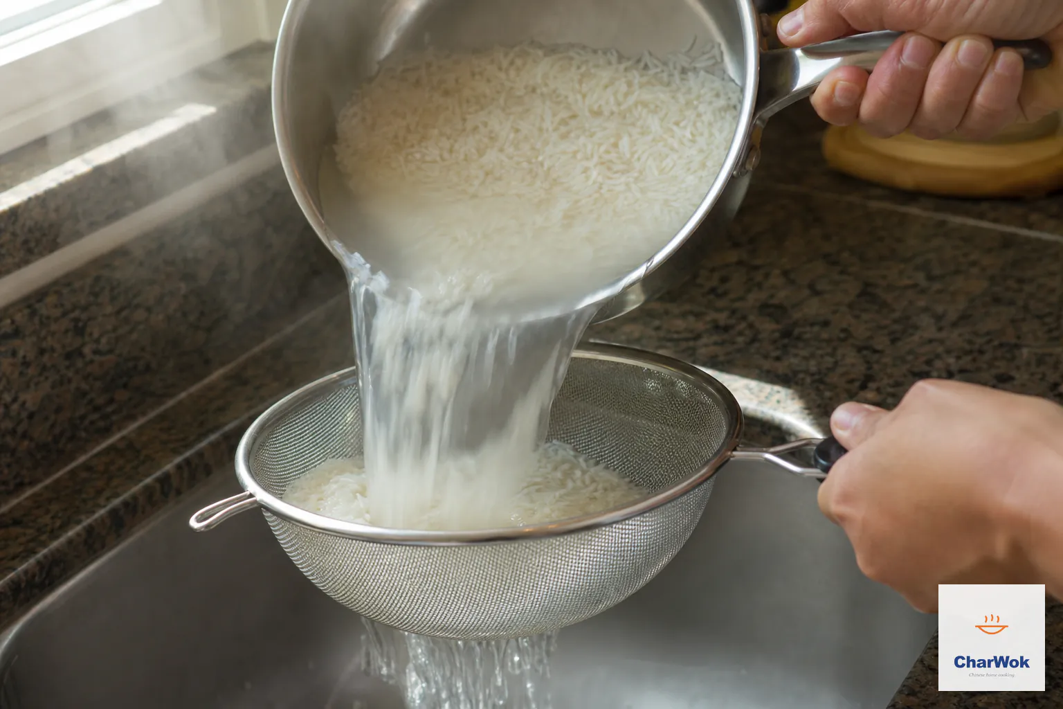 Briefly parboiled jasmine rice drains through a heatproof fine-mesh strainer above a saucepan