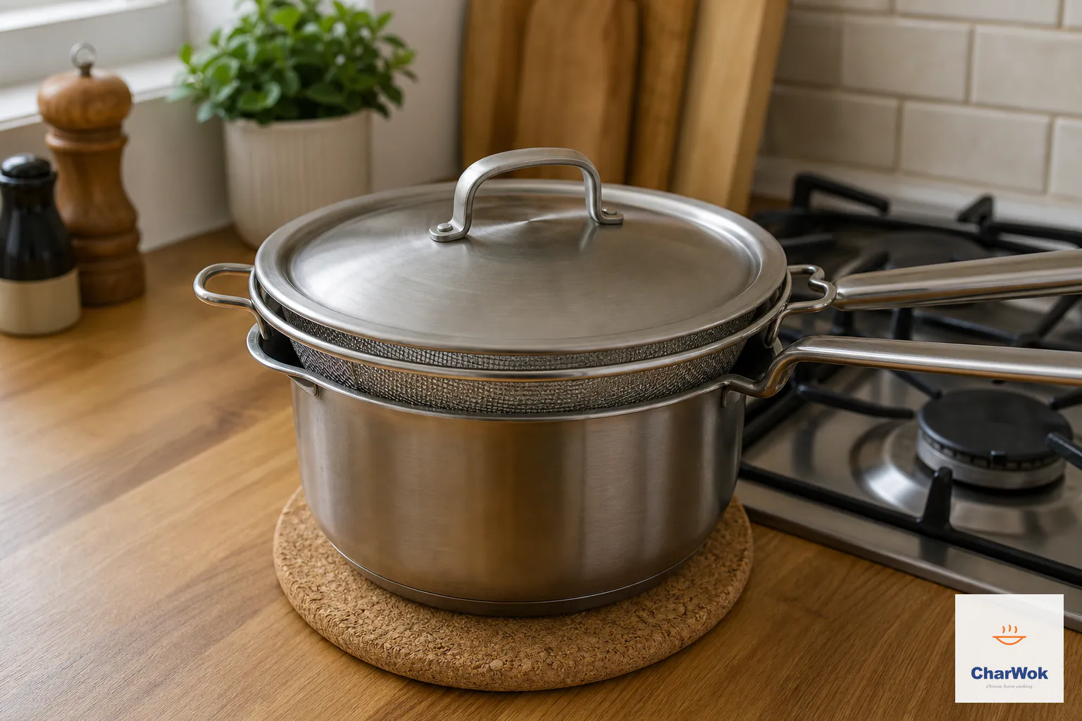 The lidded suspended strainer rests off the burner after steaming