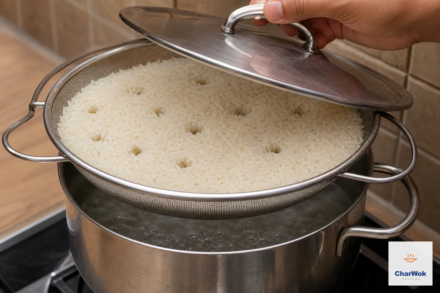 A strainer of rice is suspended above boiling water without touching it and several steam holes cross the rice bed