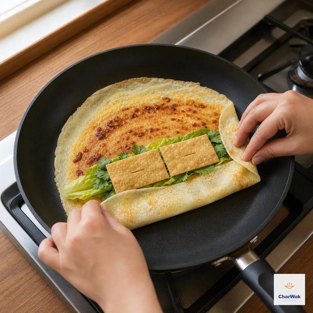 Hands fold a thin crepe around a light smear of two sauces, lettuce, cilantro and exactly two pale-golden crisp crackers