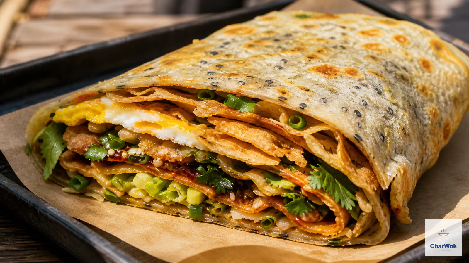 Folded Jian Bing crepe with egg and crisp wonton crackers