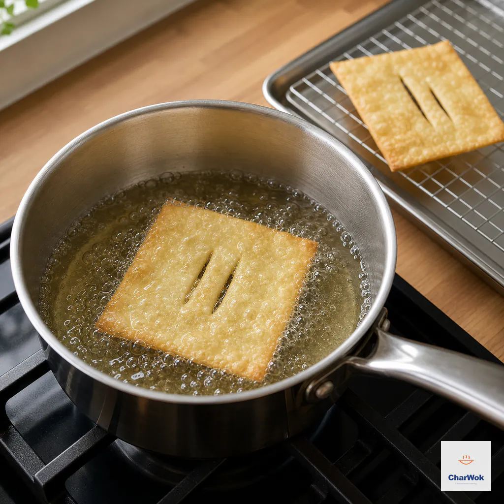 A doubled center-slit wonton cracker bubbles in shallow hot oil while a pale-golden finished cracker drains flat on a wire rack