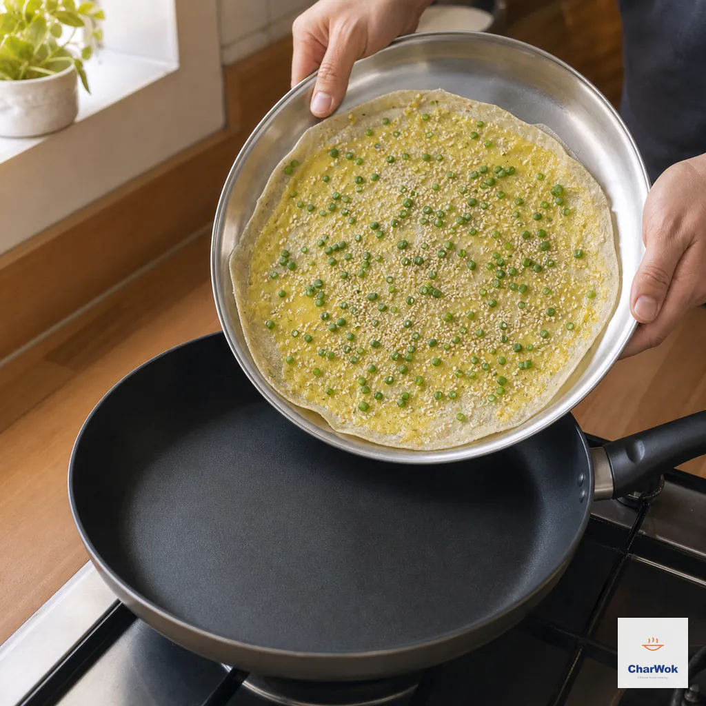 An intact sesame-and-scallion egg crepe rests on the inside of a large metal lid above an empty non-stick skillet