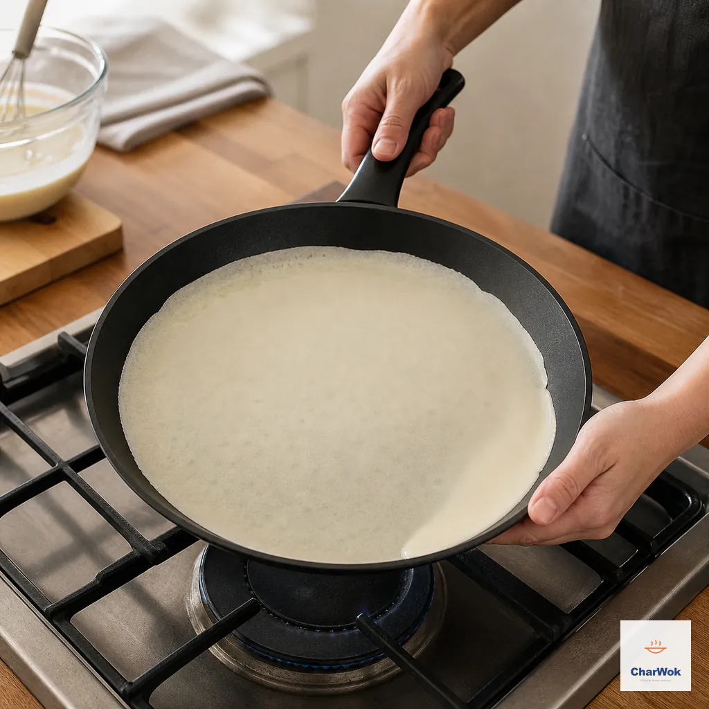 Two hands tilt a warm non-stick skillet so thin Jian Bing batter flows naturally into a broad even circle