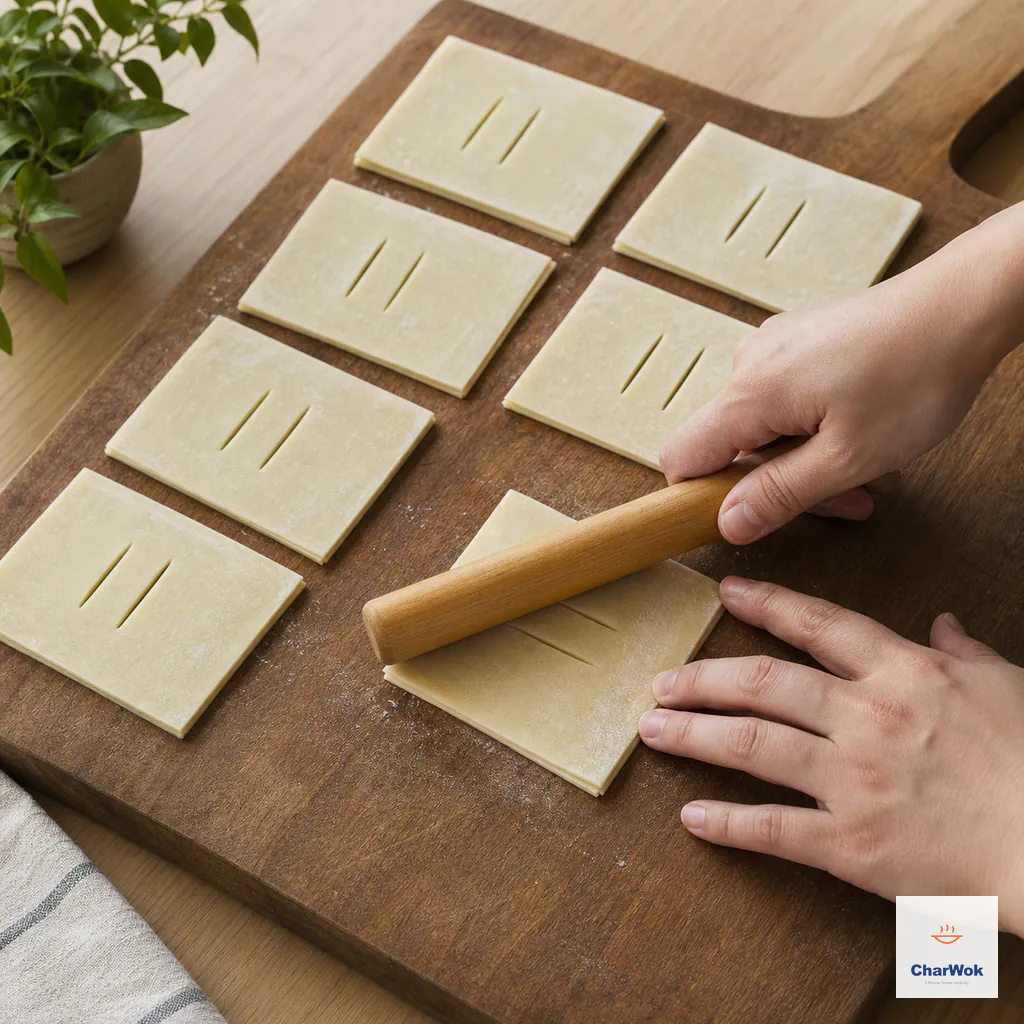 Eight doubled square wonton-wrapper pairs lie on a board with two center slits while one pair is pressed firmly with a rolling pin