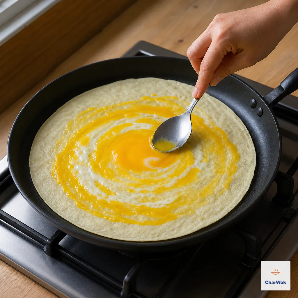 The back of a spoon breaks and spirals one egg across a fully set thin crepe without tearing it