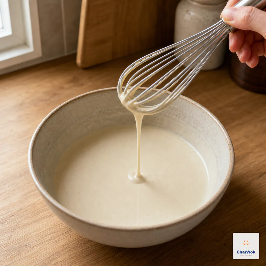 Smooth pale batter falls from a whisk in one continuous thin ribbon into a ceramic bowl