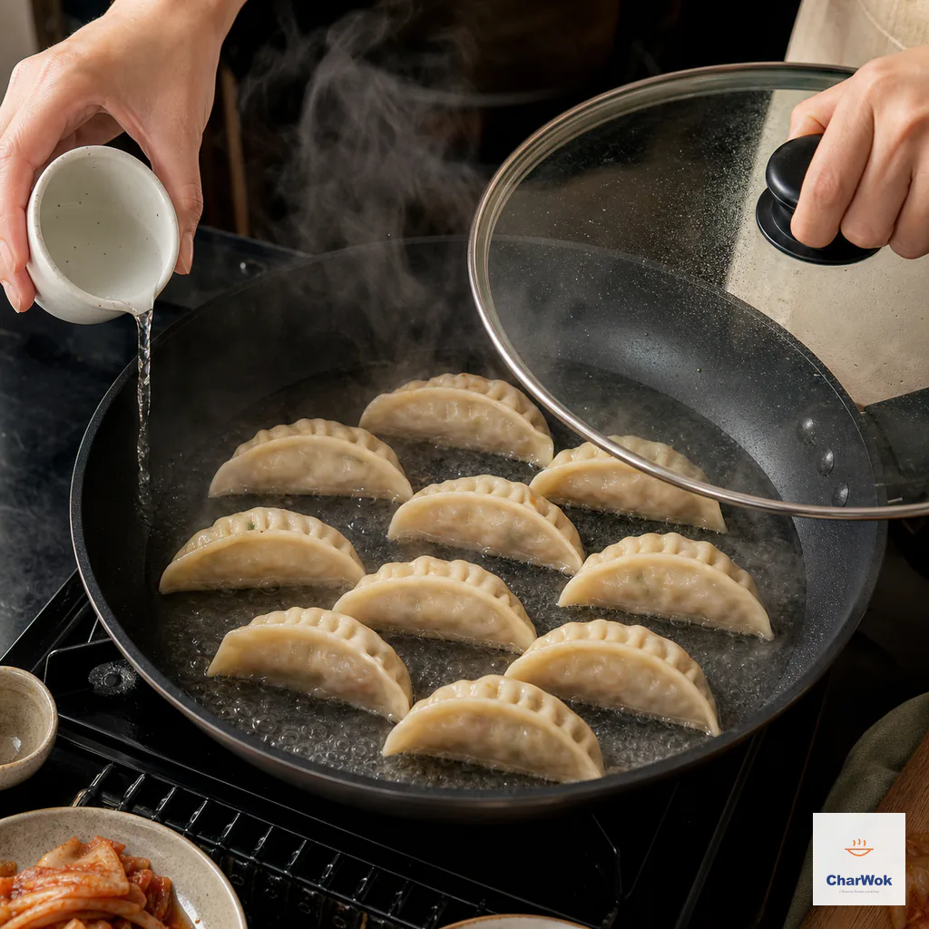 Cold water pours down the inner wall of a skillet to one-third the height of crescent dumplings while a glass lid is lowered