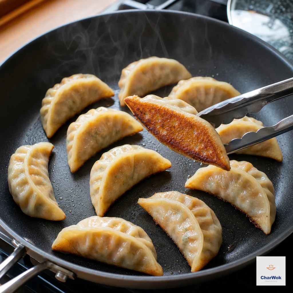 Tongs lift a cooked translucent dumpling over a dry skillet to reveal an evenly crisp deep-golden bottom after all water evaporates