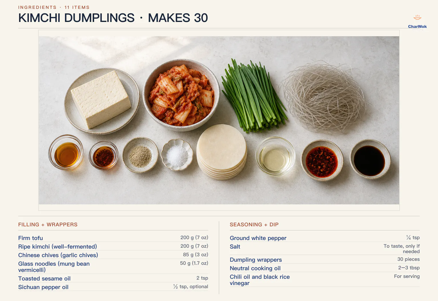 English ingredients for 30 kimchi dumplings: 200 grams firm tofu, 200 grams ripe kimchi, 85 grams Chinese garlic chives, 50 grams glass noodles, 30 round wrappers, neutral oil, sesame oil, optional Sichuan pepper oil, white pepper, salt if needed, plus chili oil and black rice vinegar for serving
